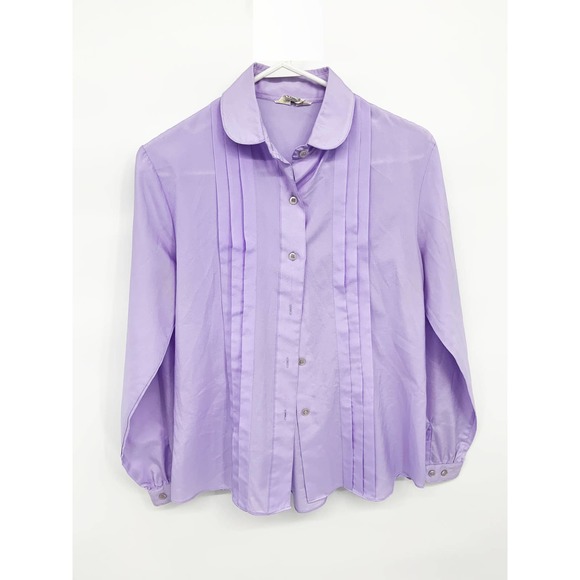 Vintage Korean Lavender Pleated Collared Blouse Button Up Long Sleeve Size 12 - Picture 1 of 5